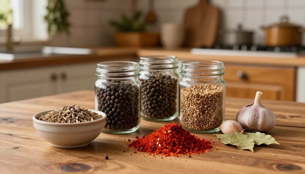 A beautifully arranged assortment of essential spices for bigos, displayed on a rustic wooden kitchen table. In the foreground, a small bowl filled with fragrant caraway seeds, next to a vibrant mound of paprika and a sprinkle of dried bay leaves. In the middle, jars of whole black peppercorns and grains of allspice, plus fresh garlic cloves adding a hint of freshness. The background features a soft-focus view of a cozy kitchen, with warm wooden cabinets and delicate herbs hanging to dry. The lighting is warm and inviting, reminiscent of a sunlit evening, accentuating the deep colors of the spices. The atmosphere is rich and welcoming, capturing the essence of traditional Polish cooking. A beautifully arranged assortment of essential spices for bigos, displayed on a rustic wooden kitchen table. In the foreground, a small bowl filled with fragrant caraway seeds, next to a vibrant mound of paprika and a sprinkle of dried bay leaves. In the middle, jars of whole black peppercorns and grains of allspice, plus fresh garlic cloves adding a hint of freshness. The background features a soft-focus view of a cozy kitchen, with warm wooden cabinets and delicate herbs hanging to dry. The lighting is warm and inviting, reminiscent of a sunlit evening, accentuating the deep colors of the spices. The atmosphere is rich and welcoming, capturing the essence of traditional Polish cooking.