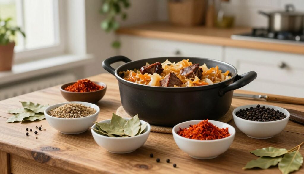 A beautifully arranged assortment of spices commonly used in bigos, placed on a rustic wooden table. In the foreground, there are small bowls of spices such as caraway seeds, bay leaves, paprika, and black peppercorns, each labeled for clarity. The middle ground features a pot of simmering bigos, with rich colors revealing the cabbage, meat, and sausage within. In the background, a soft-focus kitchen environment with herbs hanging and natural light streaming in through a window creates a warm, inviting atmosphere. The overall mood is cozy and culinary, evoking the rich traditions of cooking. The composition is shot from a slightly elevated angle, capturing the textures and details in sharp focus, enhancing the visual appeal while maintaining a harmonious color palette. A beautifully arranged assortment of spices commonly used in bigos, placed on a rustic wooden table. In the foreground, there are small bowls of spices such as caraway seeds, bay leaves, paprika, and black peppercorns, each labeled for clarity. The middle ground features a pot of simmering bigos, with rich colors revealing the cabbage, meat, and sausage within. In the background, a soft-focus kitchen environment with herbs hanging and natural light streaming in through a window creates a warm, inviting atmosphere. The overall mood is cozy and culinary, evoking the rich traditions of cooking. The composition is shot from a slightly elevated angle, capturing the textures and details in sharp focus, enhancing the visual appeal while maintaining a harmonious color palette.