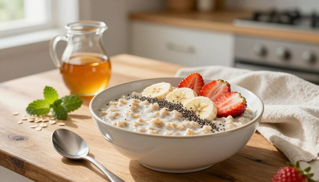 A beautifully arranged bowl of creamy oatmeal, garnished with fresh seasonal fruits such as sliced bananas, strawberries, and a sprinkle of chia seeds, sits on a rustic wooden table. In the foreground, a spoon dips into the oatmeal, highlighting its smooth, inviting texture. The middle ground features a small jug of honey, a few scattered oats, and a sprig of mint for freshness. The background softly blurs with a warm, sunlit kitchen ambiance, enhancing a cozy atmosphere. Natural light pours in through a nearby window, casting gentle shadows, while a neutral-colored tablecloth adds an elegant touch to this appetizing scene. The overall mood is warm and inviting, perfect for a delightful breakfast setting.