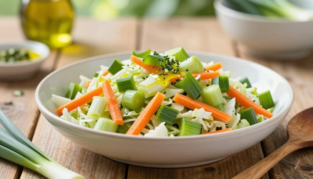 A beautifully arranged bowl of "surówka pora" (leek salad) sits on a rustic wooden table. In the foreground, vibrant green leeks are finely chopped and mixed with bright orange carrots and crisp white cabbage, showcasing their fresh textures. The middle ground includes a drizzle of olive oil and a sprinkle of herbs, hinting at the flavors within, while a wooden spoon rests beside the bowl. The background displays a softly blurred summer dining setting with sunlight filtering through, creating a warm and inviting atmosphere. The lighting is bright yet gentle, highlighting the freshness of the ingredients. The composition evokes a sense of summer gatherings, emphasizing the dish's appeal for both dinner and grill occasions.