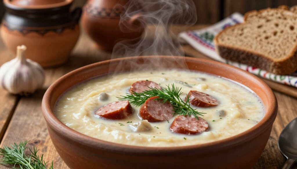 A beautifully arranged bowl of traditional żurek, showcasing its rich, creamy texture in the foreground, with floating pieces of sausage and a sprinkle of fresh dill on top. The middle ground features a rustic wooden table with a traditional Polish kitchen backdrop, hinting at earthenware pots and fresh ingredients like garlic and rye bread. Soft, warm lighting bathes the scene, creating a cozy atmosphere reminiscent of a family gathering. The angle captures the depth of the bowl, highlighting the steam rising from the soup, evoking the inviting aroma. The whole image radiates warmth and culinary tradition, drawing viewers into the comforting allure of this classic dish. A beautifully arranged bowl of traditional żurek, showcasing its rich, creamy texture in the foreground, with floating pieces of sausage and a sprinkle of fresh dill on top. The middle ground features a rustic wooden table with a traditional Polish kitchen backdrop, hinting at earthenware pots and fresh ingredients like garlic and rye bread. Soft, warm lighting bathes the scene, creating a cozy atmosphere reminiscent of a family gathering. The angle captures the depth of the bowl, highlighting the steam rising from the soup, evoking the inviting aroma. The whole image radiates warmth and culinary tradition, drawing viewers into the comforting allure of this classic dish.