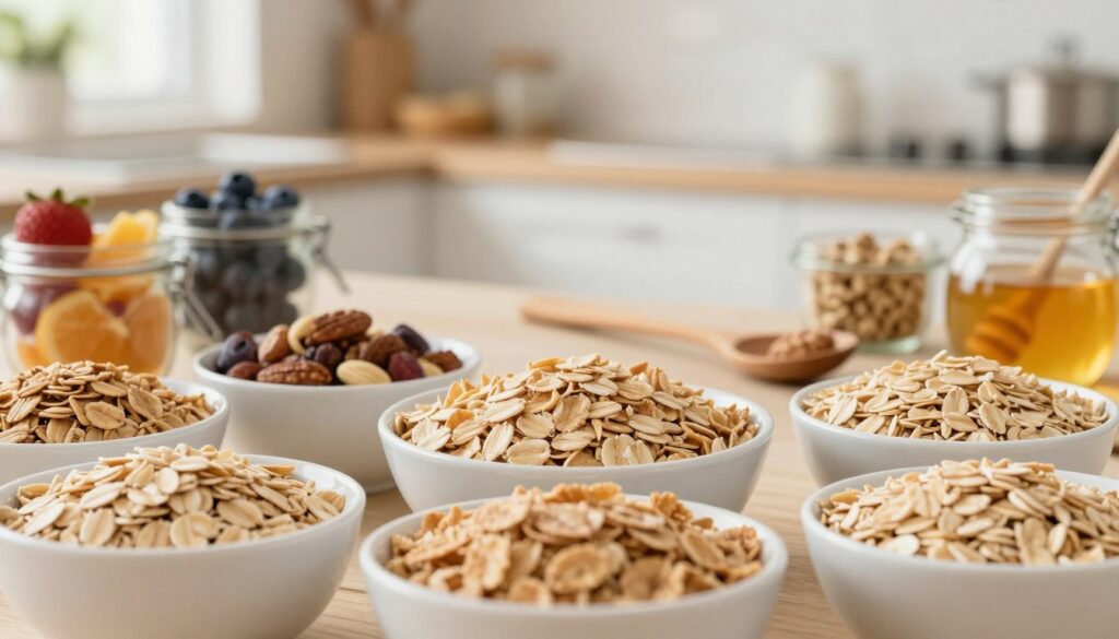 A beautifully arranged bowl of various types of oatmeal flakes, including rolled oats, steel-cut oats, and instant oats, displayed prominently in the foreground. The oats should be in rich textures and shades, showcasing their differences in shape and size. In the middle ground, a wooden spoon rests beside the bowl, and small jars filled with fresh fruits, nuts, and honey surround the scene, highlighting the variety of toppings. The background features a softly blurred kitchen setting with warm, natural light streaming in through a window, creating a cozy and inviting atmosphere. The focus should be on the freshness and natural appeal of the oatmeal, evoking a sense of comfort and nourishment, ideal for a hearty breakfast.