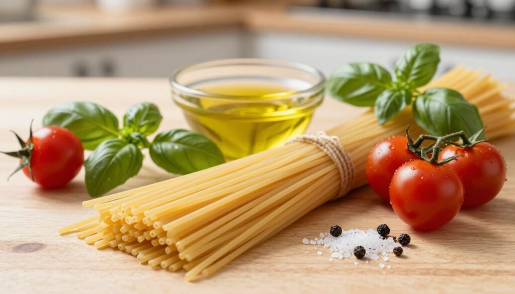 A beautifully arranged collection of essential pasta ingredients for a dish featuring cherry tomatoes. In the foreground, a heaping mound of fresh spaghetti in a natural golden hue. Beside it, vibrant, ripe cherry tomatoes scattered around, showcasing their glossy skin. A few sprigs of fresh basil with rich green leaves are strategically placed for color contrast. In the middle ground, a small bowl of extra virgin olive oil glistens, while a pinch of sea salt and freshly cracked black pepper add a rustic touch. The background features a softly blurred wooden kitchen table, creating warmth and inviting ambiance. Natural sunlight filters in, casting gentle shadows and highlighting the freshness of the ingredients. The overall mood is vibrant, fresh, and appetizing, perfect for a light and quick dinner idea.