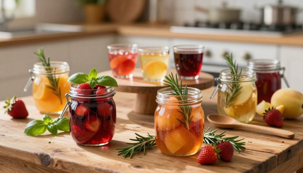 A beautifully arranged display of jars filled with unique fruit compotes on a rustic wooden table. In the foreground, focus on a clear glass jar overflowing with a vibrant mixture of strawberries, basil, and balsamic vinegar, catching soft sunlight. Next to it, another jar contains peaches marinated with rosemary and honey, surrounded by fresh sprigs of herbs. The middle layer features delicate porcelain tasting cups filled with colorful compote samples, invitingly placed near a wooden spoon and fresh fruits. In the background, a softly blurred kitchen setting with warm lighting enhances the cozy, home-made atmosphere. The scene captures a sense of experimentation and warmth, ideal for a sophisticated culinary exploration.