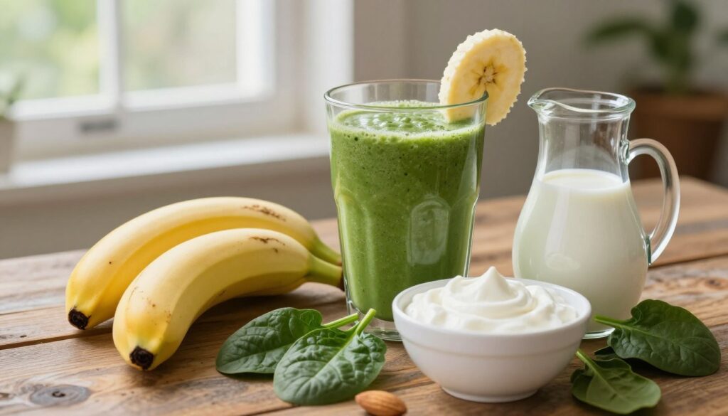 A beautifully arranged display of smoothie ingredients set on a rustic wooden table. In the foreground, ripe yellow bananas, fresh spinach leaves, creamy Greek yogurt, and a small jug of almond milk are presented artfully. The middle ground features a vibrant green smoothie in a clear glass, with a slice of banana on the rim for decoration. In the background, soft natural light filters through a nearby window, creating a warm and inviting atmosphere. The composition emphasizes freshness and healthiness, showcasing the lush green of the spinach along with the creamy texture of the yogurt. The focus is on the ingredients that make a perfect banana smoothie base, with an overall aesthetic that feels refreshing and nutritious.