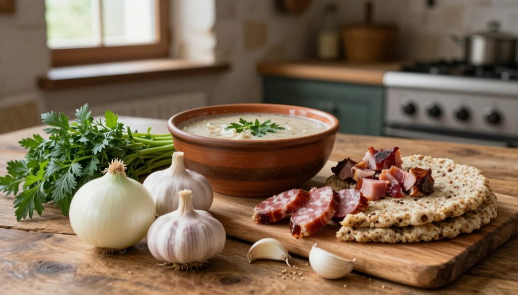 A beautifully arranged display of traditional żurek ingredients on a rustic wooden table. In the foreground, vibrant fresh vegetables such as white onions, garlic, and a bunch of fresh herbs are artfully placed. In the middle, there's a bowl of sour rye soup base, a few sliced Polish sausages, and small chunks of smoked bacon, showcasing their inviting textures. The background features a textured, old-world kitchen setting with stone walls and soft natural light filtering through a small window, creating an inviting atmosphere. The focus is sharp on the ingredients while the background is gently blurred, emphasizing the warmth and tradition of the dish, evoking feelings of home-cooked comfort and nostalgia. A beautifully arranged display of traditional żurek ingredients on a rustic wooden table. In the foreground, vibrant fresh vegetables such as white onions, garlic, and a bunch of fresh herbs are artfully placed. In the middle, there's a bowl of sour rye soup base, a few sliced Polish sausages, and small chunks of smoked bacon, showcasing their inviting textures. The background features a textured, old-world kitchen setting with stone walls and soft natural light filtering through a small window, creating an inviting atmosphere. The focus is sharp on the ingredients while the background is gently blurred, emphasizing the warmth and tradition of the dish, evoking feelings of home-cooked comfort and nostalgia.