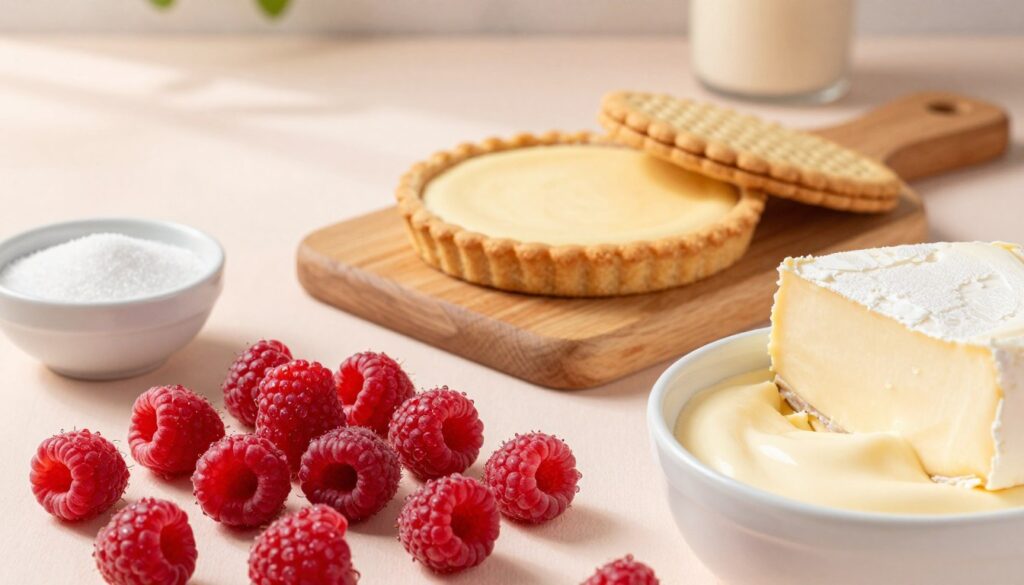 A beautifully arranged flat lay of essential ingredients for a cold cheesecake with raspberries. In the foreground, vibrant, fresh raspberries glisten with dewdrops, surrounded by a creamy cheesecake mixture in a bowl. There's a block of cream cheese, a small bowl of sugar, and a sprinkle of gelatin nearby, all artfully placed. In the middle, a crust made of crushed digestive biscuits, ready to be filled, rests on a wooden cutting board. The background features soft pastel colors, evoking a warm, inviting kitchen atmosphere with natural sunlight streaming in, casting gentle shadows. The overall mood is fresh and light, perfect for a summer dessert preparation. Use a soft focus to enhance the dreamy feel, capturing the essence of a delightful culinary experience.