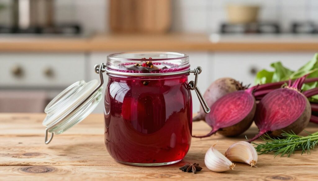 A beautifully arranged jar of vibrant, deep red zakwas (fermented beet juice) sitting elegantly on a rustic wooden table. The foreground features the transparent glass jar with a lid partially open, allowing a peek at the rich, swirling liquid inside, accented by floating spices like garlic cloves and dill. In the middle ground, a fresh, raw beetroot and chopped vegetables, hinting at the ingredients used, are artistically placed. The background showcases a softly blurred kitchen setting, with warm, natural light illuminating the scene, creating a cozy and inviting atmosphere. The overall mood conveys health and vitality, ideal for showcasing the benefits of fermented foods. Use a warm color palette to enhance the feeling of freshness and flavor. A beautifully arranged jar of vibrant, deep red zakwas (fermented beet juice) sitting elegantly on a rustic wooden table. The foreground features the transparent glass jar with a lid partially open, allowing a peek at the rich, swirling liquid inside, accented by floating spices like garlic cloves and dill. In the middle ground, a fresh, raw beetroot and chopped vegetables, hinting at the ingredients used, are artistically placed. The background showcases a softly blurred kitchen setting, with warm, natural light illuminating the scene, creating a cozy and inviting atmosphere. The overall mood conveys health and vitality, ideal for showcasing the benefits of fermented foods. Use a warm color palette to enhance the feeling of freshness and flavor.
