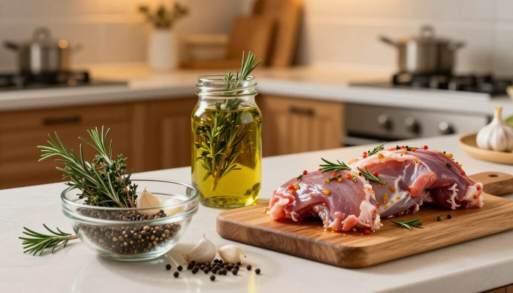 A beautifully arranged kitchen countertop featuring marinated rabbit meat ready for cooking. In the foreground, a glass bowl filled with a variety of aromatic herbs and spices like rosemary, thyme, garlic cloves, and black peppercorns, alongside a wooden cutting board with raw rabbit meat coated in a vibrant marinade. In the middle, a carefully prepared marinade jar with an olive oil and vinegar blend, decorated with fresh herbs, adding color and depth. In the background, a softly lit kitchen with wooden cabinets and warm, ambient lighting, creating a cozy cooking atmosphere. The scene conveys a sense of culinary creativity and attention to detail, inviting viewers to explore the art of marinating meat. A beautifully arranged kitchen countertop featuring marinated rabbit meat ready for cooking. In the foreground, a glass bowl filled with a variety of aromatic herbs and spices like rosemary, thyme, garlic cloves, and black peppercorns, alongside a wooden cutting board with raw rabbit meat coated in a vibrant marinade. In the middle, a carefully prepared marinade jar with an olive oil and vinegar blend, decorated with fresh herbs, adding color and depth. In the background, a softly lit kitchen with wooden cabinets and warm, ambient lighting, creating a cozy cooking atmosphere. The scene conveys a sense of culinary creativity and attention to detail, inviting viewers to explore the art of marinating meat.