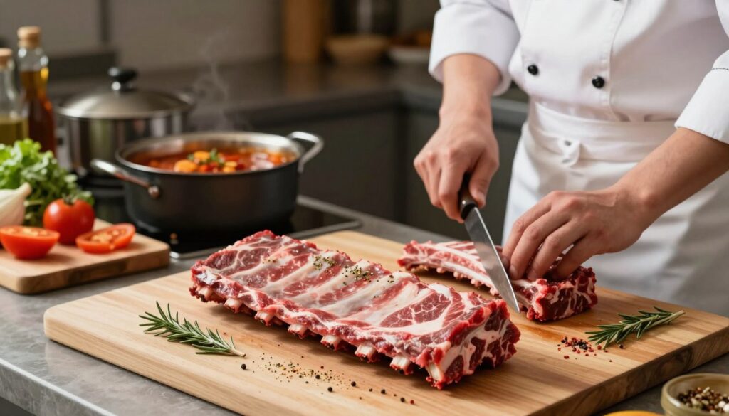 A beautifully arranged kitchen countertop featuring various key meat processing techniques. In the foreground, a perfectly marbled rack of ribs is the centerpiece, with herbs and spices artfully sprinkled around. In the middle, a professional chef in a white apron and a chef's hat carefully inspects the meat with a knife, demonstrating skillful cutting techniques. On the background, pots simmering with rich sauces and a cutting board with fresh vegetables add depth to the scene. The soft, warm lighting creates a cozy atmosphere that emphasizes the textures of the meat and the freshness of the ingredients. The image should convey a sense of expertise and culinary passion, highlighting essential techniques for preparing flavorful, tender meat.