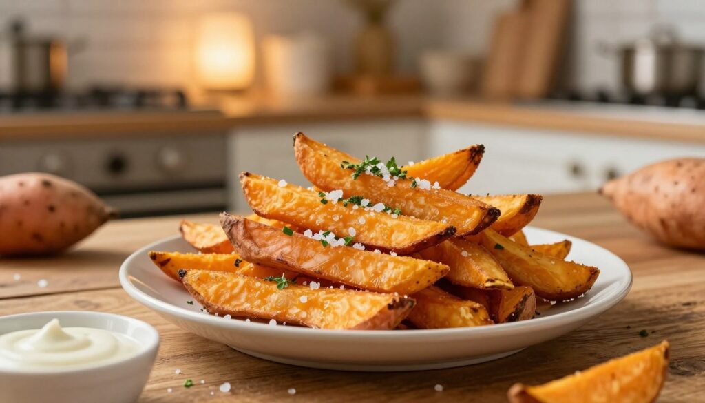 A beautifully arranged plate of golden-brown sweet potato fries, perfectly crisp on the outside and soft on the inside, placed on a rustic wooden table. The fries are garnished with a sprinkle of sea salt and fresh herbs, adding a vibrant touch. In the foreground, a small bowl of creamy dipping sauce complements the dish. The middle ground features a softly blurred kitchen environment, with warm, inviting lighting creating a cozy atmosphere. The background showcases a softly lit kitchen counter, adorned with sweet potatoes and cooking utensils, hinting at the preparation process. The composition focuses on the tempting texture and vibrant colors of the fries, evoking a sense of warmth and deliciousness.