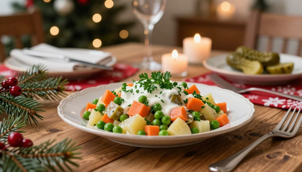 A beautifully arranged plate of "sałatka jarzynowa," showcasing a vibrant mix of diced vegetables such as carrots, peas, potatoes, and pickles. The salad is garnished with fresh herbs and a creamy dressing, glistening under soft, warm lighting. In the foreground, the plate is elegantly presented on a rustic wooden table, adorned with delicate Christmas-themed decorations like pine branches and red berries. The middle scene features a cozy dining setting with a festive tablecloth, and a few lighted candles, casting a gentle glow. In the background, a blurred Christmas tree with twinkling lights adds a cheerful holiday ambiance. The overall mood is inviting and joyful, perfect for a festive gathering. A beautifully arranged plate of "sałatka jarzynowa," showcasing a vibrant mix of diced vegetables such as carrots, peas, potatoes, and pickles. The salad is garnished with fresh herbs and a creamy dressing, glistening under soft, warm lighting. In the foreground, the plate is elegantly presented on a rustic wooden table, adorned with delicate Christmas-themed decorations like pine branches and red berries. The middle scene features a cozy dining setting with a festive tablecloth, and a few lighted candles, casting a gentle glow. In the background, a blurred Christmas tree with twinkling lights adds a cheerful holiday ambiance. The overall mood is inviting and joyful, perfect for a festive gathering.