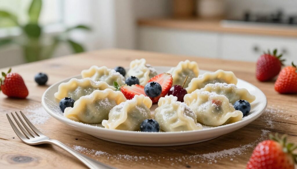 A beautifully arranged plate of sweet fruit-filled pierogi, showcasing a variety of colorful fillings such as blueberries, strawberries, and cherries. The pierogi should be lightly dusted with powdered sugar, glistening under soft natural light. In the foreground, place a delicate fork resting beside the plate, hinting at the enjoyment of the dish. In the middle, the plate should be centrally displayed on a rustic wooden table, adding warmth to the scene. In the background, blur out greenery and a soft-focus kitchen ambiance, giving a homely feel. The overall mood should be inviting and cozy, with a focus on the vibrant colors and inviting textures of the pierogi. Use a wide-angle lens for a soft depth of field effect.