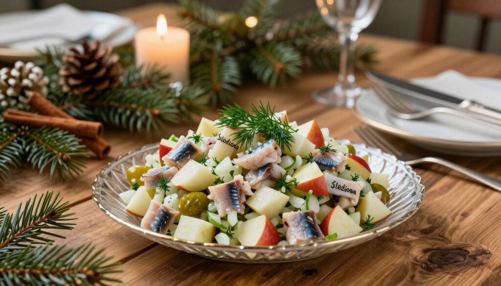 A beautifully arranged plate of traditional Polish herring salad, known as "sałatka śledziowa," on a rustic wooden table set for a Christmas feast. In the foreground, the salad is composed of finely chopped herring fillets, diced apples, onions, and pickles, all vibrant with colors and textures, garnished with fresh dill and served in a crystal bowl. The middle ground features elegantly styled traditional Christmas decorations like pine branches, cinnamon sticks, and candles, enhancing the festive atmosphere. Soft, warm lighting casts a cozy glow, reflecting off the shiny silverware and plates. The background includes blurred elements of a holiday table setting, subtly hinting at seasonal cheer. The mood is inviting and celebratory, embodying the essence of Christmas traditions with a modern twist. A beautifully arranged plate of traditional Polish herring salad, known as "sałatka śledziowa," on a rustic wooden table set for a Christmas feast. In the foreground, the salad is composed of finely chopped herring fillets, diced apples, onions, and pickles, all vibrant with colors and textures, garnished with fresh dill and served in a crystal bowl. The middle ground features elegantly styled traditional Christmas decorations like pine branches, cinnamon sticks, and candles, enhancing the festive atmosphere. Soft, warm lighting casts a cozy glow, reflecting off the shiny silverware and plates. The background includes blurred elements of a holiday table setting, subtly hinting at seasonal cheer. The mood is inviting and celebratory, embodying the essence of Christmas traditions with a modern twist.