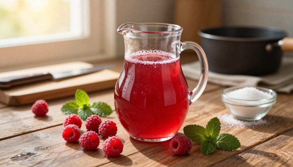 A beautifully arranged scene depicting the method of preparing raspberry juice, with fresh, plump raspberries in the foreground, glistening with dew. In the middle, a glass pitcher filled with vibrant red raspberry juice is placed on a rustic wooden table. Surrounding the pitcher are scattered mint leaves and a small bowl of sugar. In the background, soft kitchen elements like a cutting board with a knife and a small pot simmering gently, creating a cozy atmosphere. Warm, golden sunlight filters through a nearby window, illuminating the scene and enhancing the rich colors. A shallow depth of field focuses on the pitcher while slightly blurring the background, evoking a warm, inviting feeling of homemade goodness.