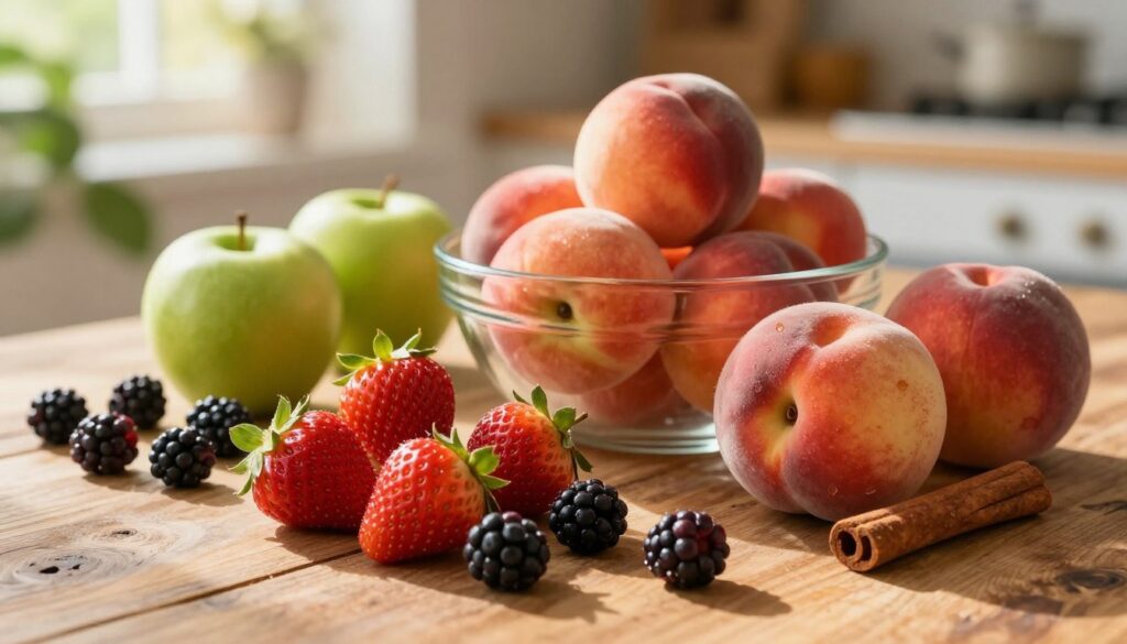 A beautifully arranged selection of fresh fruits on a rustic wooden table, perfect for making a homemade fruit compote. in the foreground, vibrant red strawberries, plump blackberries, juicy green apples, and ripe peaches create a colorful contrast. In the middle, a glass bowl partially filled with the fruits showcases their natural textures, while honey and cinnamon sticks serve as aromatic additions nearby. The background features soft-focus greenery and hints of a kitchen setting, creating a warm and inviting atmosphere. Golden afternoon sunlight filters through a window, casting gentle shadows and highlighting the freshness of the fruits. Capture this scene with a shallow depth of field to emphasize the vivid colors and textures, evoking a sense of wholesome, homemade goodness.