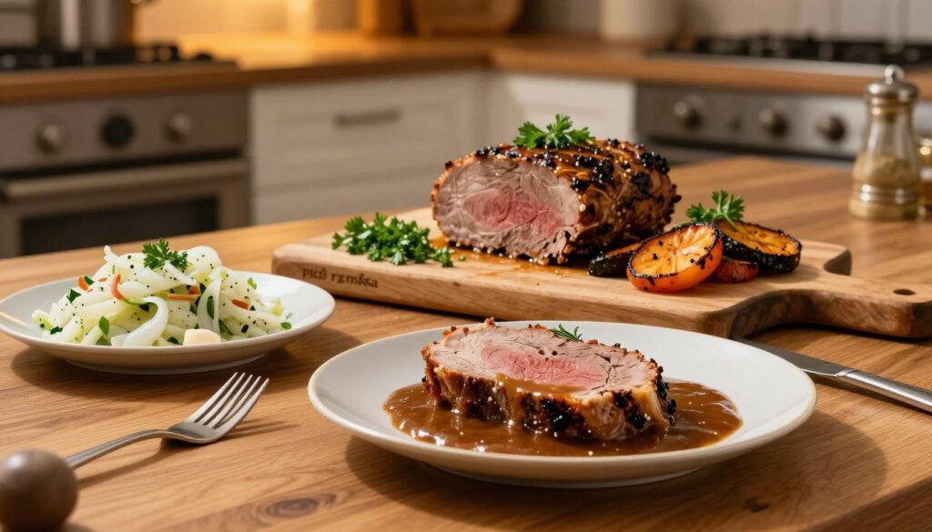 A beautifully arranged serving of "pieczeń rzymska" placed on an elegant wooden table, garnished with fresh herbs and accompanied by roasted vegetables. In the foreground, there are two plates: one showcasing a warm slice of the meatloaf with a rich, brown gravy and the other displaying a chilled slice with a light salad. The middle ground features a rustic cutting board with chopped parsley, and a fork ready for serving. The background has a softly lit kitchen setting with warm ambient light casting gentle shadows, evoking a cozy dinner atmosphere. The scene is captured from a slightly elevated angle, enhancing the inviting presentation of the dish, ideal for both hot and cold servings. A beautifully arranged serving of "pieczeń rzymska" placed on an elegant wooden table, garnished with fresh herbs and accompanied by roasted vegetables. In the foreground, there are two plates: one showcasing a warm slice of the meatloaf with a rich, brown gravy and the other displaying a chilled slice with a light salad. The middle ground features a rustic cutting board with chopped parsley, and a fork ready for serving. The background has a softly lit kitchen setting with warm ambient light casting gentle shadows, evoking a cozy dinner atmosphere. The scene is captured from a slightly elevated angle, enhancing the inviting presentation of the dish, ideal for both hot and cold servings.