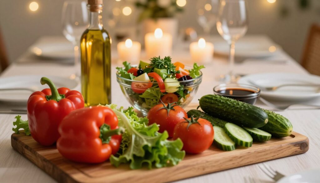 A beautifully arranged table set for a romantic dinner featuring an array of colorful, fresh vegetarian vegetables. In the foreground, display vibrant bell peppers, ripe tomatoes, crisp cucumbers, and leafy greens artfully arranged on a rustic wooden cutting board. In the middle ground, show a delicate glass bowl filled with a colorful salad sprinkled with herbs, alongside a bottle of olive oil and a small dish of balsamic vinegar. The background should feature softly glowing candlelight, with blurred fairy lights creating a warm, inviting atmosphere. Use warm, soft lighting to enhance the romantic mood, and a shallow depth of field to keep the focus on the vegetables while keeping the background softly out of focus, evoking a sense of intimacy and warmth.