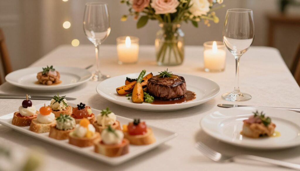 A beautifully arranged table setting for a romantic dinner at home, featuring an elegant display of gourmet dishes. In the foreground, platters of colorful appetizers such as bruschetta and caprese skewers are artfully placed, garnished with fresh herbs. The middle ground showcases a main course, like a perfectly seared filet mignon topped with a delicate sauce, accompanied by vibrant roasted vegetables arranged in a visually appealing manner. The background features soft, ambient lighting from candles and fairy lights, creating a warm and inviting atmosphere. A hint of a tasteful floral centerpiece adds a touch of romance. The scene is captured with a shallow depth of field, emphasizing the exquisite presentation of the food while softly blurring out the background for a dreamy effect.