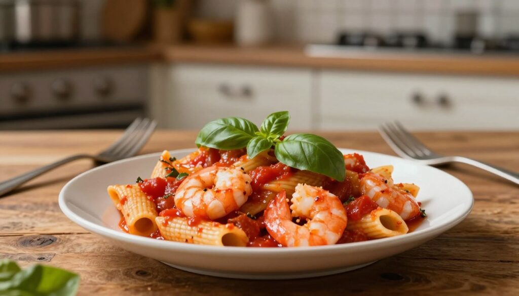 A beautifully plated dish of macaroni with shrimp, showcasing the vibrant colors and textures of the ingredients. In the foreground, glistening, pink shrimp are nestled among the al dente macaroni, which is coated in a rich, vivid tomato sauce. Fresh basil leaves sprinkle the top, adding a touch of green. In the middle ground, a rustic wooden table enhances the culinary warmth, while a fork rests elegantly beside the plate. In the background, a softly blurred kitchen setting provides a homey atmosphere, with warm lighting casting gentle shadows that evoke comfort. The overall mood is inviting and appetizing, perfect for a quick yet vibrant meal.
