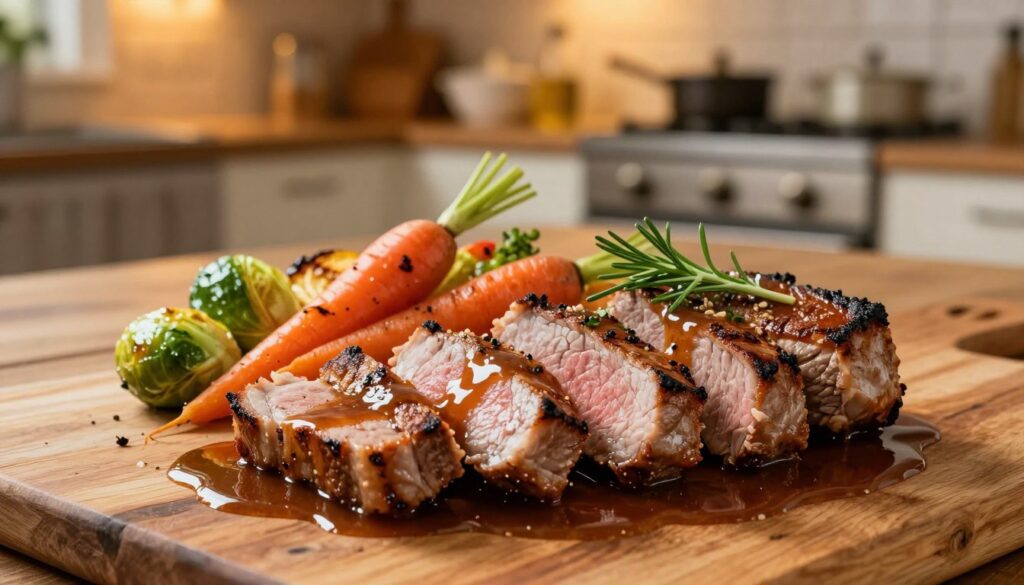A beautifully plated dish of tender pork tenderloin, known as "polędwiczki," garnished with fresh herbs and colorful roasted vegetables. In the foreground, the juicy, perfectly seared slices of the pork are artfully arranged on a rustic wooden table, with a drizzle of rich gravy enhancing their glistening surface. The middle layer showcases a side of vibrant seasonal vegetables, such as roasted carrots and brussels sprouts, adding bursts of color. In the background, a softly lit kitchen setting with warm, inviting lighting, creating a cozy atmosphere. The focus is sharp on the dish, with a shallow depth of field blurring the kitchen details slightly. The overall mood is inviting and appetizing, emphasizing the dish's tenderness and the importance of letting meat rest after cooking for optimal juiciness. A beautifully plated dish of tender pork tenderloin, known as "polędwiczki," garnished with fresh herbs and colorful roasted vegetables. In the foreground, the juicy, perfectly seared slices of the pork are artfully arranged on a rustic wooden table, with a drizzle of rich gravy enhancing their glistening surface. The middle layer showcases a side of vibrant seasonal vegetables, such as roasted carrots and brussels sprouts, adding bursts of color. In the background, a softly lit kitchen setting with warm, inviting lighting, creating a cozy atmosphere. The focus is sharp on the dish, with a shallow depth of field blurring the kitchen details slightly. The overall mood is inviting and appetizing, emphasizing the dish's tenderness and the importance of letting meat rest after cooking for optimal juiciness.
