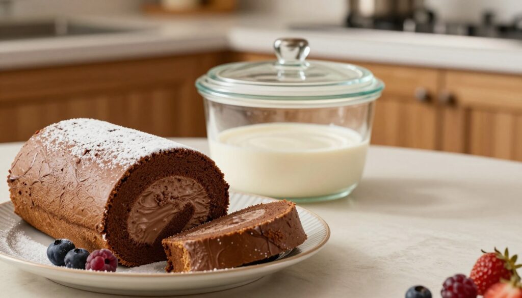 A beautifully presented chocolate roll cake, elegantly sliced to reveal its rich, silky filling. The foreground features the dessert on a decorative plate, adorned with a light dusting of powdered sugar and a few fresh berries for a pop of color. In the middle, a glass container with a lid, emphasizing proper storage, sits neatly beside the cake. The background shows a softly lit kitchen environment, with warm wooden cabinets and subtle hints of baking tools to create a cozy atmosphere. Use soft, diffused lighting to enhance the inviting mood, focusing on the textures of the cake and the smoothness of the container. The angle should be slightly above eye level to capture both the cake's details and the storage elements effectively.