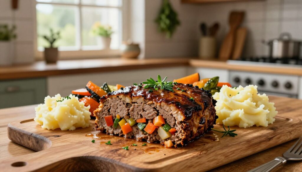 A beautifully presented slice of traditional Polish "pieczeń rzymska" (meatloaf) garnished with fresh herbs, served on a rustic wooden cutting board. The foreground features the meatloaf, perfectly browned with a glaze, showcasing chopped vegetables peeking through the tender meat. Surrounding the dish, vibrant side dishes such as creamy mashed potatoes and colorful roasted vegetables add contrast. In the middle ground, a cozy kitchen setting with warm lighting emanates from a nearby window, illuminating the scene and creating a welcoming atmosphere. The background features rustic kitchen elements, such as hanging herbs and wooden utensils, emphasizing the homely theme. The overall mood is inviting and warm, capturing the essence of a perfect traditional family meal. The image is taken from a slightly overhead angle to showcase the dish in detail without any text or distractions. A beautifully presented slice of traditional Polish "pieczeń rzymska" (meatloaf) garnished with fresh herbs, served on a rustic wooden cutting board. The foreground features the meatloaf, perfectly browned with a glaze, showcasing chopped vegetables peeking through the tender meat. Surrounding the dish, vibrant side dishes such as creamy mashed potatoes and colorful roasted vegetables add contrast. In the middle ground, a cozy kitchen setting with warm lighting emanates from a nearby window, illuminating the scene and creating a welcoming atmosphere. The background features rustic kitchen elements, such as hanging herbs and wooden utensils, emphasizing the homely theme. The overall mood is inviting and warm, capturing the essence of a perfect traditional family meal. The image is taken from a slightly overhead angle to showcase the dish in detail without any text or distractions.
