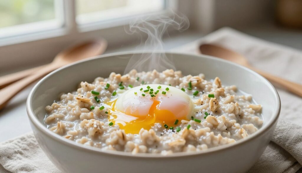 A beautifully styled bowl of rustic, mountain oat porridge, topped with a perfectly poached egg. The foreground features the creamy, textured oats, warm and inviting, garnished with fresh herbs like chives and a sprinkle of salt. In the middle ground, include a delicate, runny yolk breaking open, with steam rising gently from the bowl, hinting at its warmth. The background showcases a cozy kitchen setting with soft, natural light filtering through a window, creating an inviting atmosphere. Elements like wooden utensils and a linen napkin complement the scene. Use a shallow depth of field to emphasize the porridge while softly blurring the background, adding to the serene and wholesome morning mood.