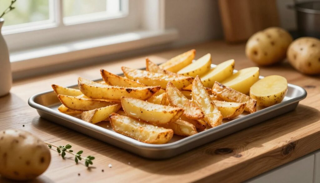 A beautifully styled kitchen scene featuring a tray of homemade oven-baked fries, perfectly golden and crispy. The fries are made from a selection of fresh, unpeeled potatoes arranged artistically beside the tray, emphasizing the importance of choosing the right potatoes. Soft, natural lighting streams in from a nearby window, highlighting the textured surface of the fries and the rich, earthy tones of the potatoes. A rustic wooden countertop serves as the setting, with a few sprigs of herbs scattered around for added detail. In the background, a faint outline of kitchen utensils can be seen, enhancing the domestic atmosphere. The overall mood is warm and inviting, reflecting the joy of cooking at home.