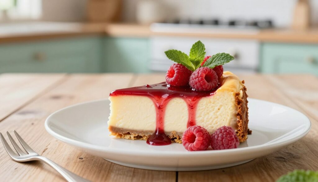 A beautifully styled slice of cheesecake with a glossy raspberry glaze, elegantly plated on a fresh white porcelain dessert plate. The cheesecake features a smooth, creamy texture and is garnished with vibrant, fresh raspberries and delicate mint leaves, creating a stunning contrast against the light-colored cake. In the foreground, a small fork rests beside the plate, hinting at an inviting atmosphere. The background is softly blurred, featuring a rustic wooden table and a calming pastel-colored kitchen setting, illuminated by warm, natural light filtering through a nearby window. The overall mood is light, fresh, and perfect for a warm day, evoking feelings of indulgence and delight in this refreshing dessert.