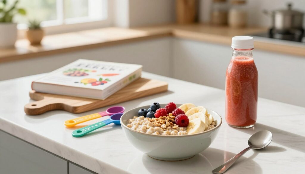 A bright and inviting kitchen setting that showcases a healthy breakfast scene. The foreground features a beautifully arranged bowl of oatmeal topped with fresh fruits like berries, bananas, and a sprinkle of nuts. Surrounding the bowl are colorful measuring spoons and a vibrant smoothie bottle, emphasizing a healthy lifestyle. In the middle, a partially visible kitchen island highlights wooden cutting boards and healthy recipe books, creating an atmosphere of culinary inspiration. The background includes soft, natural light streaming through a window, casting gentle shadows and giving a warm, homey feel. The overall mood is uplifting and encouraging, perfect for individuals focusing on their wellness and fitness journeys. The scene is shot from a slightly elevated angle to capture the delightful details of the breakfast spread.