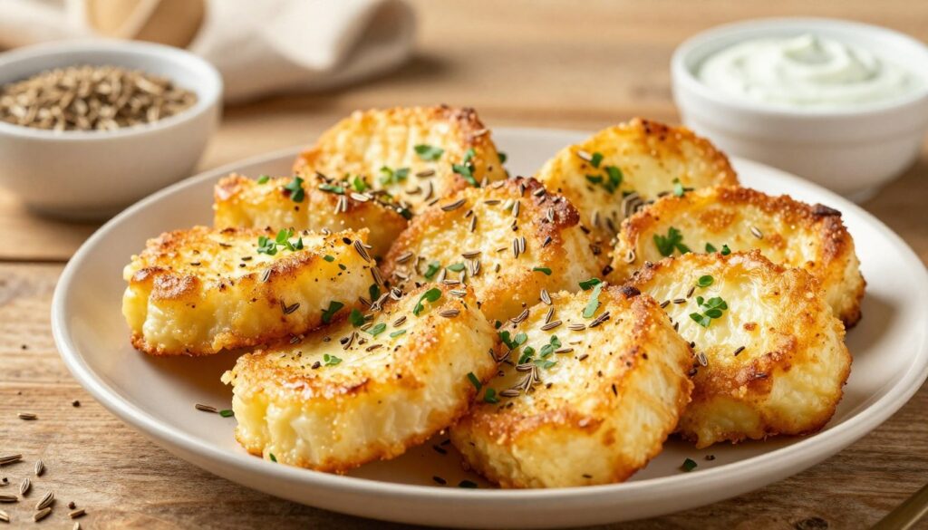 A close-up image of a beautifully arranged plate of golden-brown fried cheese, garnished with fresh green herbs and sprinkled generously with aromatic caraway seeds. The cheese should have a slightly crispy exterior, glistening under warm, natural light, showcasing its inviting texture. In the background, a rustic wooden table sets a cozy, homey atmosphere, with soft, diffused lighting that evokes a comforting mood. Include a couple of small bowls on the side, one filled with additional caraway seeds and another with a homemade dipping sauce. The scene should convey a sense of traditional, wholesome cooking, inviting the viewer to appreciate the simple yet rich flavors of this homemade dish.