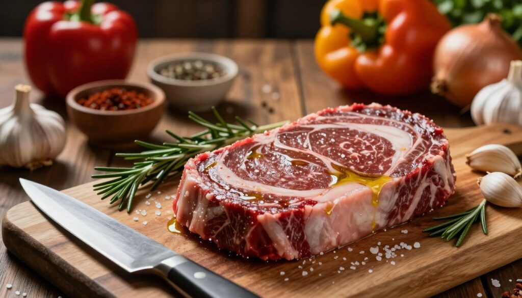 A close-up of a beautifully marbled beef ribeye steak on a wooden cutting board, glistening with a light sheen of olive oil and sprinkled with coarse sea salt. In the foreground, a sharp chef's knife rests next to the steak, with fresh rosemary sprigs and garlic cloves artfully arranged around the plate. In the middle, there is a rustic kitchen setting with a wooden table and various spices in small bowls, as well as fresh vegetables like bell peppers and onions that hint at preparation. In the background, soft, warm lighting illuminates the scene, creating a cozy, inviting atmosphere. The focus is crisp on the steak, highlighting its texture, while the surrounding elements are slightly blurred to draw attention to the process of meat preparation before cooking.