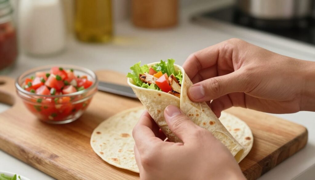 A close-up scene depicting the step-by-step process of wrapping a tortilla. In the foreground, a pair of hands skillfully folds a soft, warm tortilla filled with colorful, fresh ingredients such as diced tomatoes, lettuce, and grilled chicken. The hands display careful technique, ensuring the filling stays intact, with fingers gracefully tucking in the sides of the tortilla. In the middle ground, a wooden cutting board is presented, with a small bowl of salsa and a knife resting beside it. The background features a softly blurred kitchen setting with warm, inviting lighting that creates a cozy and approachable atmosphere. The overall mood is one of home-cooking warmth, emphasizing the art of creating a perfect tortilla wrap.