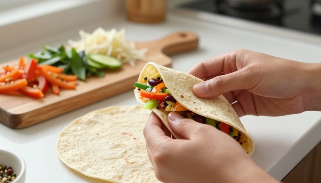 A close-up shot of a freshly made tortilla being carefully folded. The foreground features hands gently pressing the edges of the tortilla to secure the filling inside, showcasing vibrant colors of ingredients such as fresh vegetables, beans, and spices. In the middle ground, a wooden cutting board is adorned with various toppings to enhance the visual appeal. The background is softly blurred, consisting of a neatly arranged kitchen countertop with natural light streaming in, creating a warm and inviting atmosphere. The scene is shot from a slightly elevated angle, emphasizing the texture of the tortilla and the freshness of the ingredients, evoking a sense of culinary creativity and care.