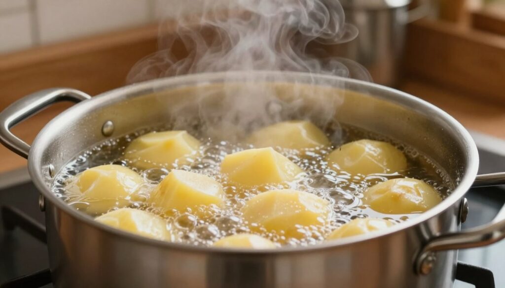 A close-up shot of a stainless steel pot boiling on a stove, filled with peeled and chopped potatoes submerged in bubbling water. The foreground captures the shimmering surface of the water, while steam gently rises, creating a warm, inviting atmosphere. In the middle, the pot's polished metallic surface reflects the kitchen's cozy lighting, evoking a sense of traditional cooking. The background features a softly blurred kitchen setting with wooden cabinets and utensils, enhancing the homely feel. The colors are warm and inviting, emphasizing the classic method of boiling potatoes. The scene is well-lit, showcasing the textures of the potatoes and the dynamic motion of the boiling water, inviting viewers to immerse themselves in the essence of cooking.