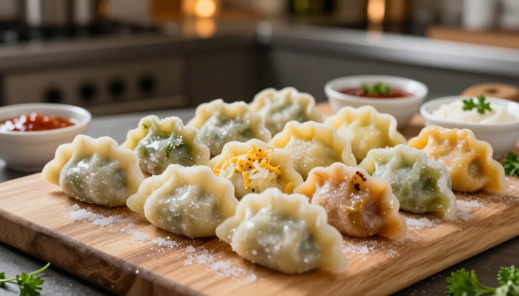 A close-up shot of vibrant frozen pierogi arranged neatly on a wooden cutting board. The pierogi, which are semi-transparent and glistening with ice crystals, showcase their unique shapes and colors, including traditional fillings like potatoes, cheese, and sauerkraut. Surrounding the pierogi are small bowls filled with sauces, garnished with herbs such as parsley, creating an inviting atmosphere. The background features a softly blurred kitchen setting with warm, ambient lighting emphasizing a cozy and professional cooking environment. The image has a shallow depth of field, highlighting the pierogi in the foreground while maintaining a soft focus on the background elements to evoke a sense of culinary warmth and expertise.