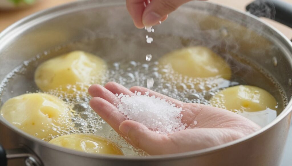 A close-up view of a pot of boiling water on a stove, showcasing the salt being added, with grains of salt visible as they shimmer. In the foreground, a handful of coarse sea salt contrasts against the boiling water, emphasizing the effect of salting on flavor. In the background, soft-focus potatoes are simmering in the water, releasing bubbles and steam, hinting at the cooking process. The lighting is warm and natural, suggesting a cozy kitchen atmosphere, with a slight steam haze adding to the sensory experience. The angle should highlight the interaction between the salt and water, capturing the essence of how salting affects the taste and texture of boiled potatoes.