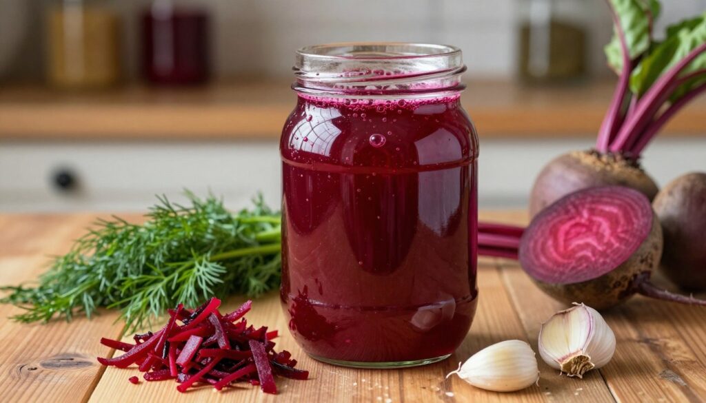 A close-up view of a rustic wooden table featuring a glass jar filled with vibrant, ruby-red "zakwas buraczany", showcasing the rich fermentation bubbles rising to the top. In the foreground, freshly grated beets, garlic cloves, and a sprinkle of dill are artfully arranged around the jar. The midground captures the warm glow of soft, natural light illuminating the scene, enhancing the deep colors of the beets and the freshness of the ingredients. In the background, a blurred glimpse of a cozy kitchen setting includes shelves lined with spices and herbs, creating an inviting atmosphere. The overall mood is warm, inviting, and wholesome, perfect for illustrating the process of making this traditional fermented beverage. A close-up view of a rustic wooden table featuring a glass jar filled with vibrant, ruby-red "zakwas buraczany", showcasing the rich fermentation bubbles rising to the top. In the foreground, freshly grated beets, garlic cloves, and a sprinkle of dill are artfully arranged around the jar. The midground captures the warm glow of soft, natural light illuminating the scene, enhancing the deep colors of the beets and the freshness of the ingredients. In the background, a blurred glimpse of a cozy kitchen setting includes shelves lined with spices and herbs, creating an inviting atmosphere. The overall mood is warm, inviting, and wholesome, perfect for illustrating the process of making this traditional fermented beverage.