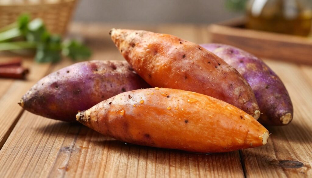A close-up view of a selection of fresh sweet potatoes (bataty) arranged on a rustic wooden table. The foreground features vibrant orange and purple sweet potatoes, showcasing their unique shapes and textures, with glistening droplets of water on their skins to indicate freshness. In the middle ground, a soft, diffused light shines down, creating gentle shadows that enhance the natural curves of the potatoes. The background is slightly blurred, showing a warm kitchen environment with herbs and spices subtly arranged, capturing a cozy, inviting atmosphere. The color palette should evoke warmth and comfort, emphasizing the appeal of these root vegetables as a perfect choice for roasting. The image is framed from a slightly elevated angle, providing a clear and detailed view of the sweet potatoes without any text or overlays.