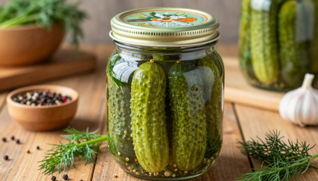 A close-up view of beautifully arranged pickled cucumbers, known as "ogórki konserwowe," displayed in a glass jar with a decorative lid. The cucumbers are vibrant green, glistening with a light brine, surrounded by fresh herbs like dill and spices such as garlic and peppercorns. In the foreground, focus on the jar, capturing the textures of the cucumbers and the clarity of the brine. In the middle ground, include a rustic wooden table featuring small bowls of spices and other ingredients that showcase the process of pickling. The background is softly blurred, hinting at a cozy kitchen setting with warm, natural light streaming in, creating an inviting and homey atmosphere. A close-up view of beautifully arranged pickled cucumbers, known as "ogórki konserwowe," displayed in a glass jar with a decorative lid. The cucumbers are vibrant green, glistening with a light brine, surrounded by fresh herbs like dill and spices such as garlic and peppercorns. In the foreground, focus on the jar, capturing the textures of the cucumbers and the clarity of the brine. In the middle ground, include a rustic wooden table featuring small bowls of spices and other ingredients that showcase the process of pickling. The background is softly blurred, hinting at a cozy kitchen setting with warm, natural light streaming in, creating an inviting and homey atmosphere.