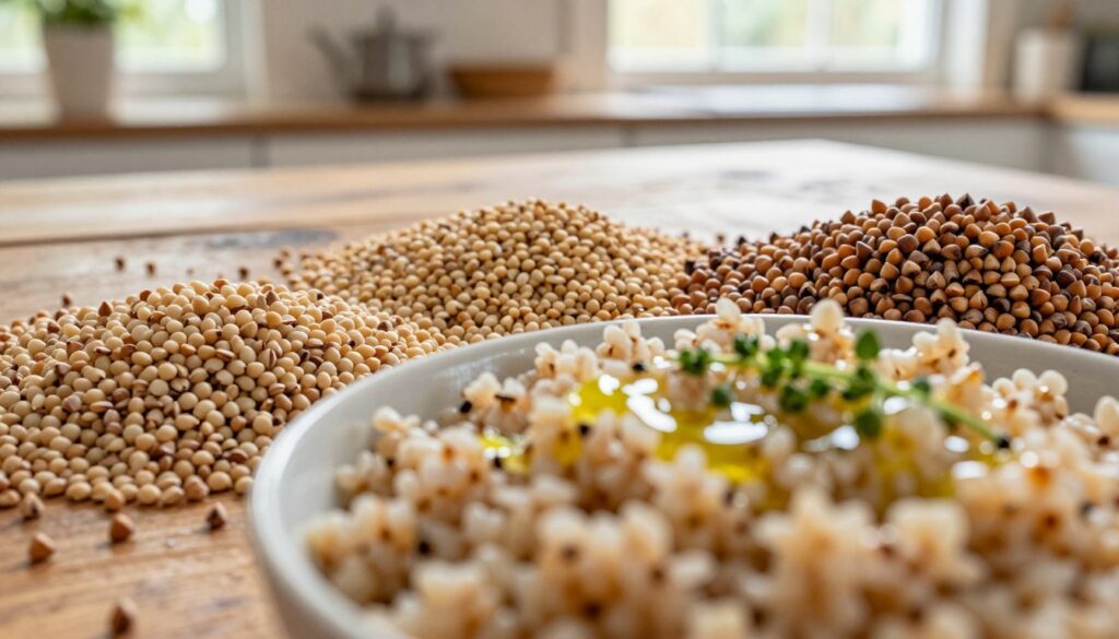A close-up view of various types of buckwheat, showcasing its unique textures and colors. In the foreground, display a beautifully cooked bowl of fluffy buckwheat, glistening with a light drizzle of olive oil, garnished with fresh herbs. The middle ground features a selection of raw buckwheat groats in their natural state, along with toasted buckwheat kernels, illustrating the different types. The background should be a rustic wooden kitchen table, softly lit by natural daylight coming through a window, creating a warm and inviting atmosphere. The image captures the essence of healthy eating and the natural beauty of buckwheat, inviting viewers to learn more about its characteristics. A close-up view of various types of buckwheat, showcasing its unique textures and colors. In the foreground, display a beautifully cooked bowl of fluffy buckwheat, glistening with a light drizzle of olive oil, garnished with fresh herbs. The middle ground features a selection of raw buckwheat groats in their natural state, along with toasted buckwheat kernels, illustrating the different types. The background should be a rustic wooden kitchen table, softly lit by natural daylight coming through a window, creating a warm and inviting atmosphere. The image captures the essence of healthy eating and the natural beauty of buckwheat, inviting viewers to learn more about its characteristics.