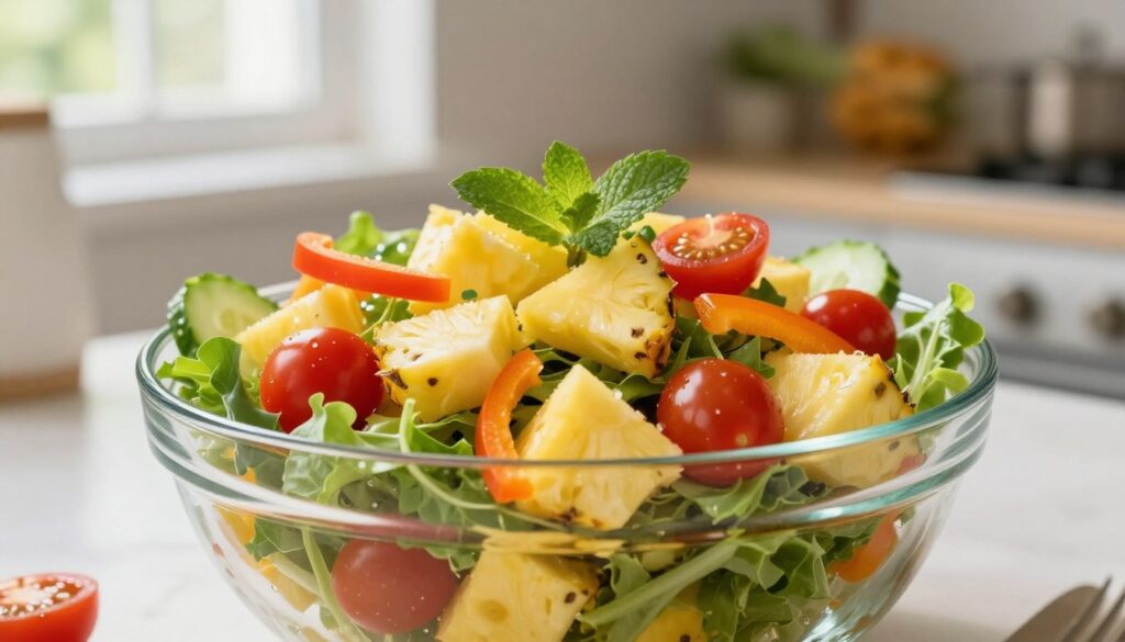 A colorful and vibrant bowl of pineapple salad, featuring fresh pineapple chunks, mixed greens, and a variety of colorful ingredients like cherry tomatoes, cucumber slices, and bell pepper strips, garnished with a sprinkle of mint leaves. The foreground showcases the salad presented in a clear glass bowl, beautifully arranged to highlight the freshness of the ingredients. In the background, a softly blurred kitchen countertop enhances the domestic atmosphere, with natural light streaming in from a window, creating a warm and inviting glow. The overall mood is cheerful and festive, perfect for a gathering or celebration, emphasizing the joyful nature of preparing a delicious dish.