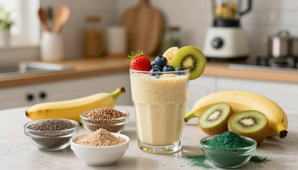 A colorful array of smoothie ingredients, showcasing various healthy additives that enrich banana smoothies. In the foreground, a sleek glass filled with a creamy banana smoothie, topped with vibrant fruits like strawberries, blueberries, and slices of kiwi. Surrounding the glass, small bowls contain chia seeds, flaxseeds, protein powder, and spirulina, presenting an inviting mix of textures and colors. In the middle ground, an elegantly styled kitchen counter with kitchen utensils and a blending machine softly blurred in the background. The lighting is warm and natural, casting a soft glow over the scene, creating a fresh and invigorating atmosphere. The image captures the essence of health and vitality, inspiring viewers to enhance their smoothies with nutritious ingredients.