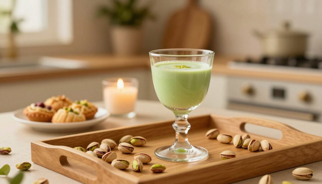 A cozy home setting featuring a beautifully arranged tray of pistachios and a glass of green pistachio liqueur. In the foreground, highlight the elegant glass filled with the creamy, vibrant drink, surrounded by scattered shelled and unshelled pistachios, their rich green color contrasting with the wooden tray. In the middle, include a softly glowing candle and a small plate with dainty pastries, hinting at indulgence. The background should showcase a softly lit kitchen with warm tones, subtle floral decorations, and a hint of greenery from potted plants, creating an inviting atmosphere. Use warm, golden lighting to enhance the cozy, elegant mood, captured from a slightly elevated angle to immerse the viewer in this intimate serving experience.