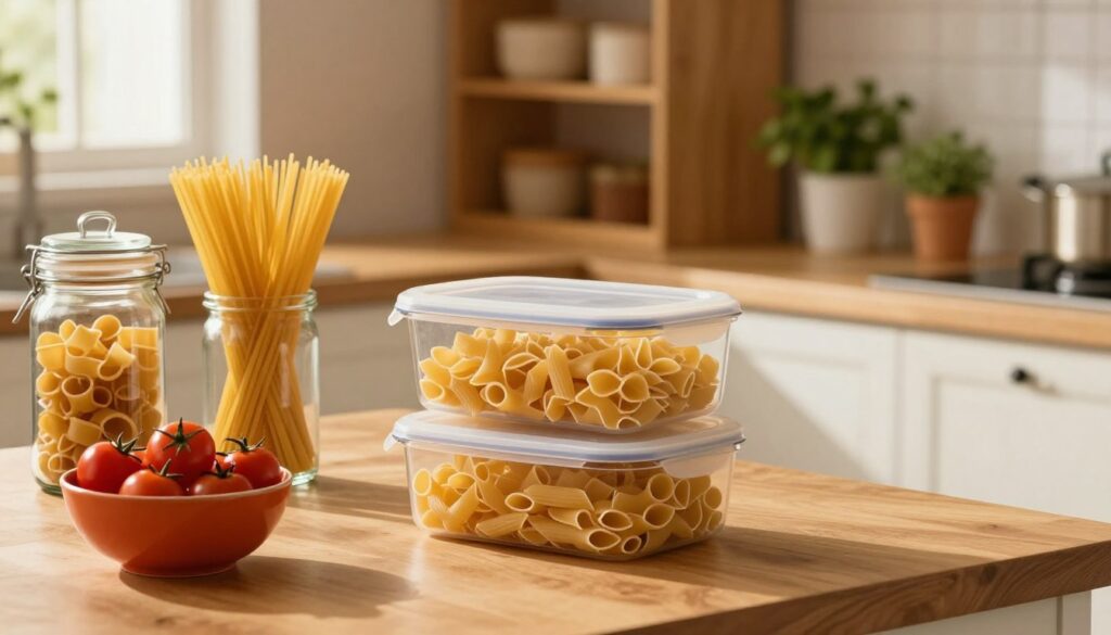 A cozy kitchen scene featuring neatly organized pasta storage methods. In the foreground, a clear glass jar filled with assorted types of dried pasta, such as spaghetti and penne, stands on a wooden countertop. Next to it, a vibrant bowl of cherry tomatoes adds a splash of color. In the middle, a simple, stylish storage container showcases cooked pasta stored in a sealable container, slightly tilted, inviting a sense of practicality. The background shows a softly lit kitchen with warm wooden cabinets and herbs in small pots, creating a homey atmosphere. The lighting is warm and inviting, suggesting late afternoon sunlight filtering through a window, casting gentle shadows. The overall mood is light, airy, and encouraging, ideal for quick meal preparation.