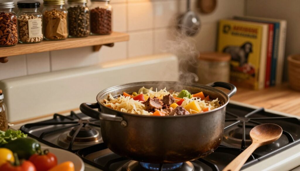 A cozy kitchen scene showcasing the art of slow cooking, highlighting a large pot filled with hearty bigos simmering on the stove. In the foreground, the pot is surrounded by an array of fresh ingredients like sauerkraut, diced meats, and colorful vegetables, with a wooden spoon resting beside it. The middle ground features an old-fashioned stove with soft, warm lighting casting gentle shadows, creating a homey atmosphere. In the background, shelves lined with spices and cookbooks add depth. The scene should evoke a sense of warmth and tradition, perfect for illustrating the process of long braising food. Use a shallow depth of field to focus on the pot, capturing the inviting textures and colors of the ingredients. A cozy kitchen scene showcasing the art of slow cooking, highlighting a large pot filled with hearty bigos simmering on the stove. In the foreground, the pot is surrounded by an array of fresh ingredients like sauerkraut, diced meats, and colorful vegetables, with a wooden spoon resting beside it. The middle ground features an old-fashioned stove with soft, warm lighting casting gentle shadows, creating a homey atmosphere. In the background, shelves lined with spices and cookbooks add depth. The scene should evoke a sense of warmth and tradition, perfect for illustrating the process of long braising food. Use a shallow depth of field to focus on the pot, capturing the inviting textures and colors of the ingredients.
