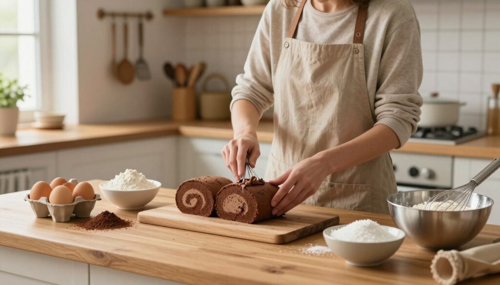 A cozy kitchen scene showcasing the step-by-step preparation of chocolate roll cake (rolada czekoladowa). In the foreground, a wooden countertop displays neatly arranged ingredients: eggs, flour, cocoa powder, sugar, and a mixing bowl with a whisk. In the middle, a person in modest casual clothing is mixing the batter, their focused expression reflecting the joy of baking. The background features a warm, inviting kitchen with soft lighting, vintage-style utensils hanging on the wall, and a window letting in natural light that enhances the homely atmosphere. The overall mood is warm, cheerful, and inspiring. The camera angle is slightly elevated, providing a clear view of the preparation process as well as the inviting kitchen environment.