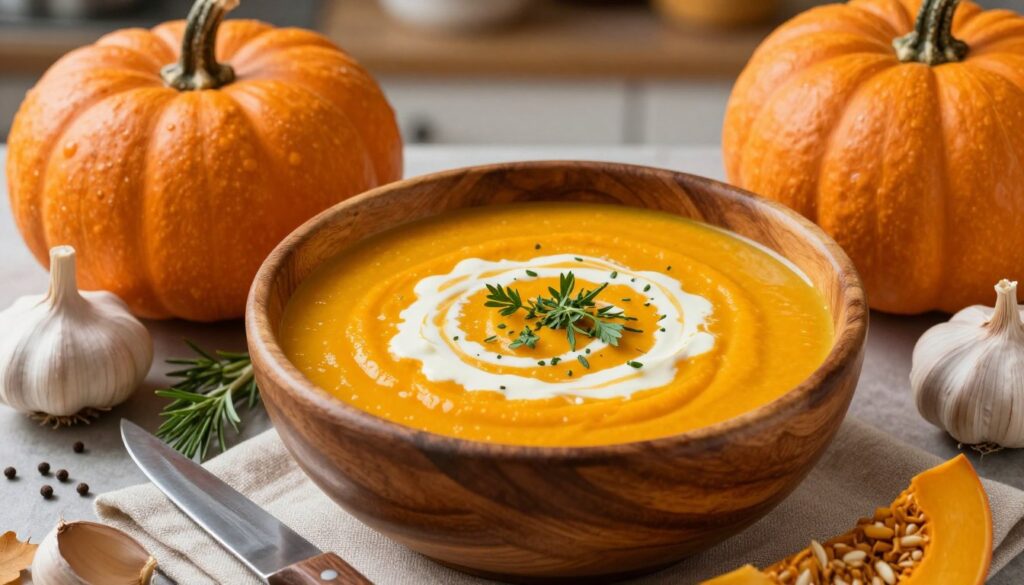 A creamy bowl of vibrant orange pumpkin soup, garnished with a swirl of rich cream and sprinkled with fresh herbs. The soup is positioned in a rustic, deep wooden bowl surrounded by whole pumpkins, a sharp knife, and raw ingredients like garlic, spices, and herbs artistically arranged around it. The background features a softly blurred kitchen setting with warm lighting, creating a cozy and inviting atmosphere. The scene evokes a feeling of warmth and comfort, ideal for a fall day. The shot is taken from a slightly elevated angle to showcase the ingredients and the inviting texture of the soup, highlighting the fresh, earthy colors while ensuring the focus remains on the delicious dish. A creamy bowl of vibrant orange pumpkin soup, garnished with a swirl of rich cream and sprinkled with fresh herbs. The soup is positioned in a rustic, deep wooden bowl surrounded by whole pumpkins, a sharp knife, and raw ingredients like garlic, spices, and herbs artistically arranged around it. The background features a softly blurred kitchen setting with warm lighting, creating a cozy and inviting atmosphere. The scene evokes a feeling of warmth and comfort, ideal for a fall day. The shot is taken from a slightly elevated angle to showcase the ingredients and the inviting texture of the soup, highlighting the fresh, earthy colors while ensuring the focus remains on the delicious dish.