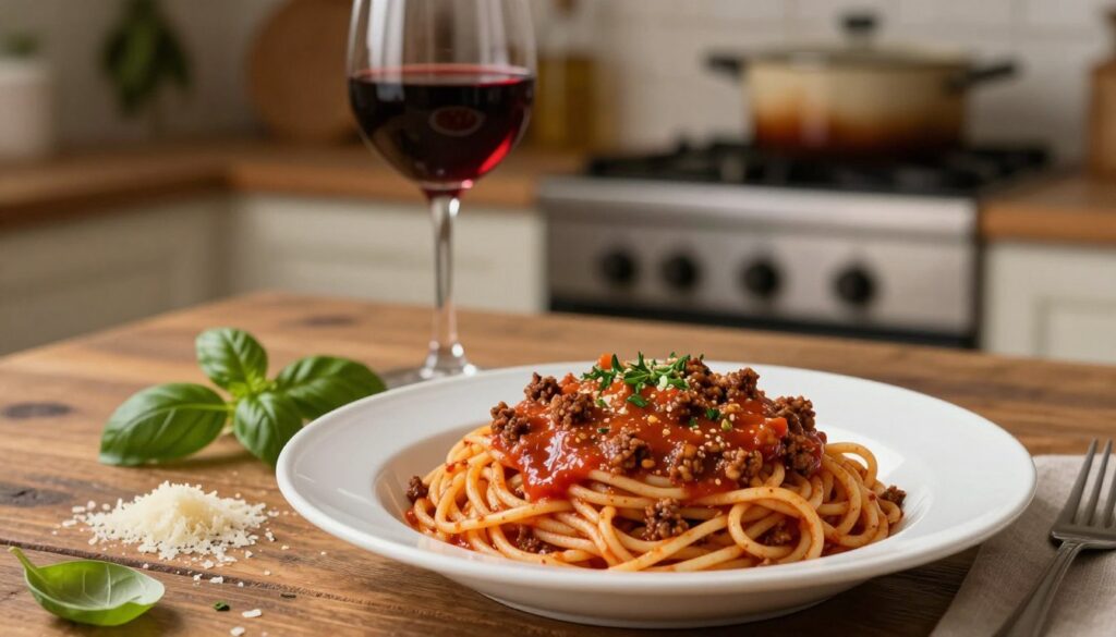 A delicious plate of spaghetti with rich, hearty ground meat sauce, elegantly twirled and served in a white bowl, centered in the foreground. The sauce is deep red with visible herbs and spices, glistening under soft, warm lighting that enhances the textures. In the middle ground, a rustic wooden table adorned with a sprig of basil and a sprinkle of grated Parmesan cheese adds an Italian flair. A glass of red wine sits beside the plate, reflecting the warm ambiance. In the background, a cozy kitchen setting subtly blurred adds depth, featuring hanging herbs and a pot simmering on the stove, conveying a home-cooked feel. The overall mood is inviting and appetizing, perfect for a quick and comforting Italian-inspired meal.